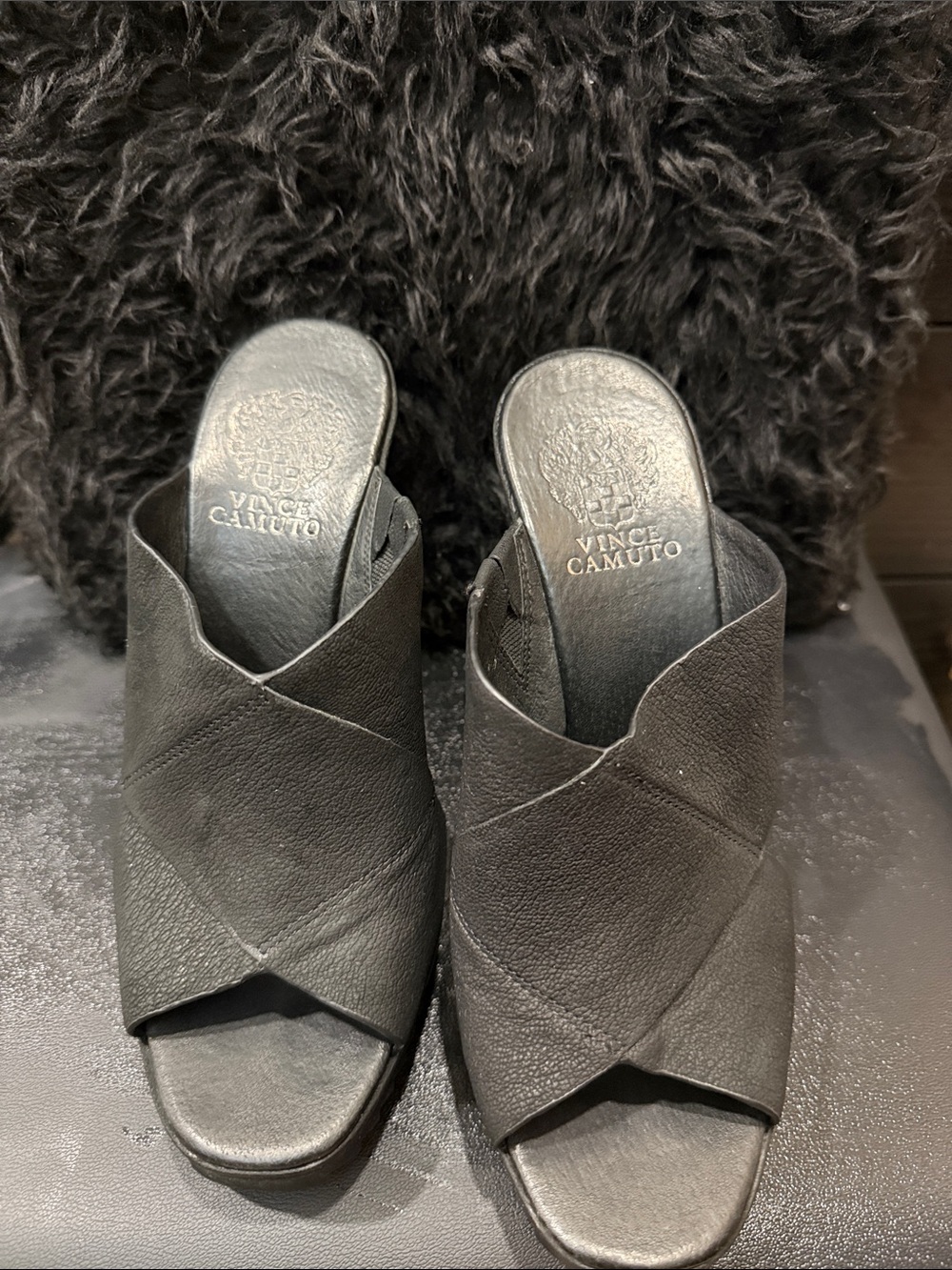 Vince Camuto Black Leather Crisscross Open-Toe Mules